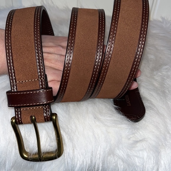 Gorgeous brown leather two tone lands end belt brass buckle size 38 unisex - Picture 4 of 10